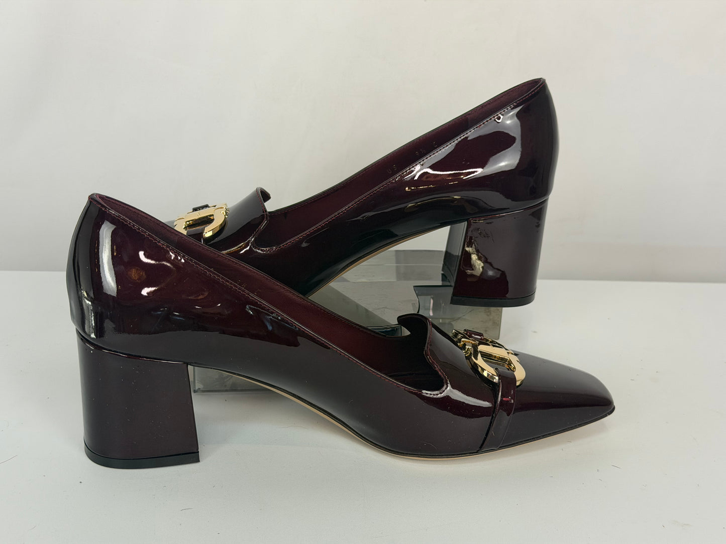 Ferragamo Patent Leather Burgundy Gold Logo Square Toe Block Heel Dress Loafer