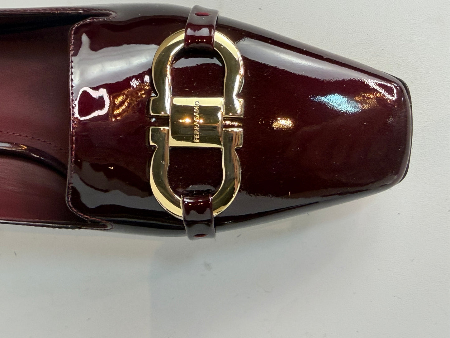 Ferragamo Patent Leather Burgundy Gold Logo Square Toe Block Heel Dress Loafer