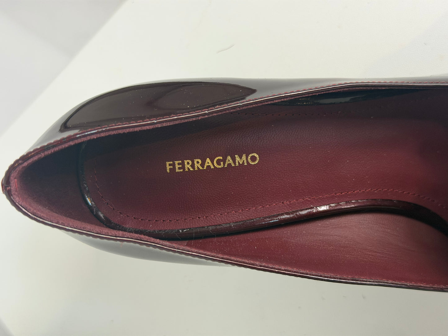 Ferragamo Patent Leather Burgundy Gold Logo Square Toe Block Heel Dress Loafer
