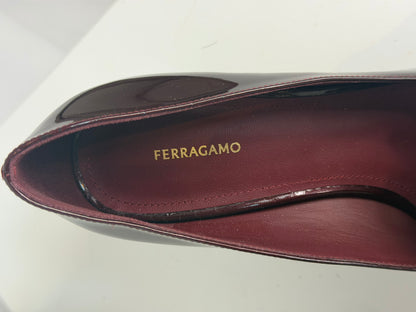Ferragamo Patent Leather Burgundy Gold Logo Square Toe Block Heel Dress Loafer