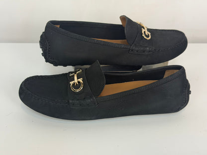 Ferragamo Soft Leather Black Moccasin Style Gold Logo Loafers