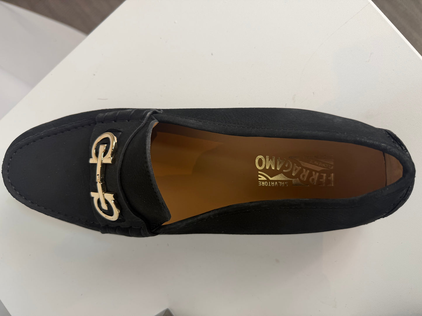 Ferragamo Soft Leather Black Moccasin Style Gold Logo Loafers