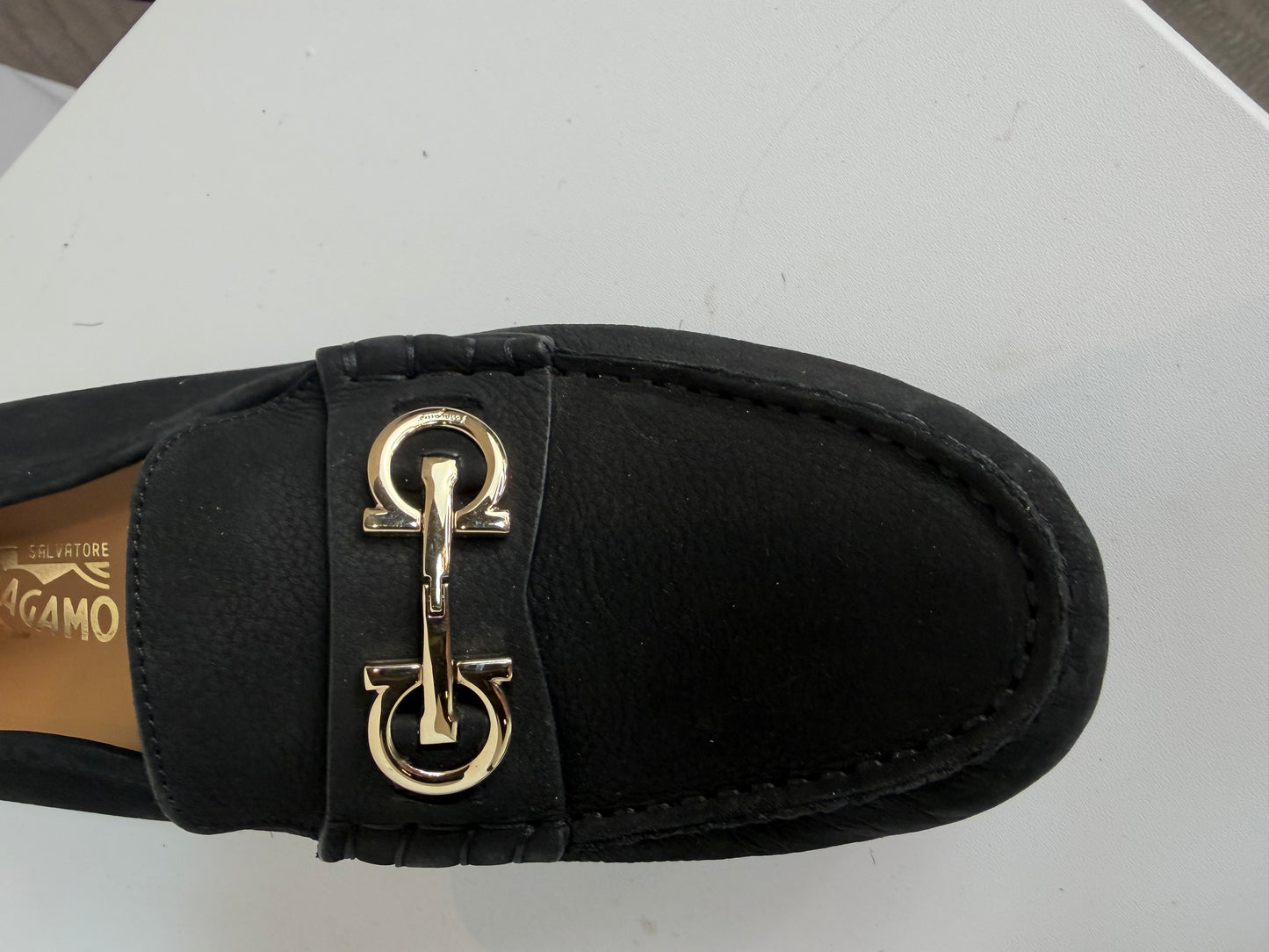 Ferragamo Soft Leather Black Moccasin Style Gold Logo Loafers