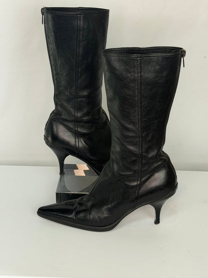 Miu Miu Black Leather Mid Calf Kitten Heel Booties