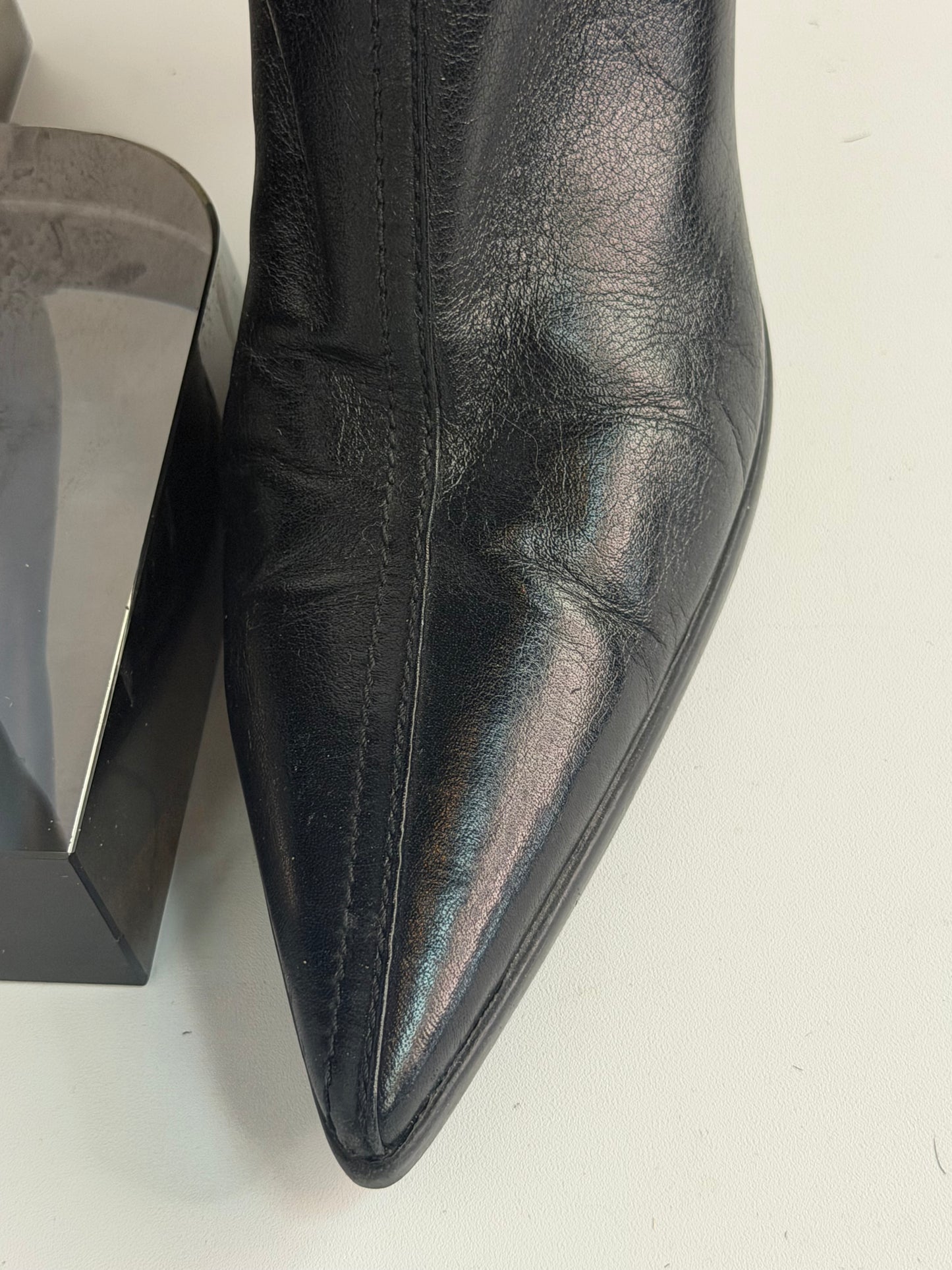 Miu Miu Black Leather Mid Calf Kitten Heel Booties