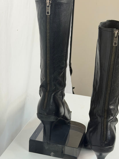 Miu Miu Black Leather Mid Calf Kitten Heel Booties