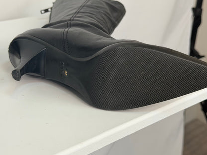 Miu Miu Black Leather Mid Calf Kitten Heel Booties