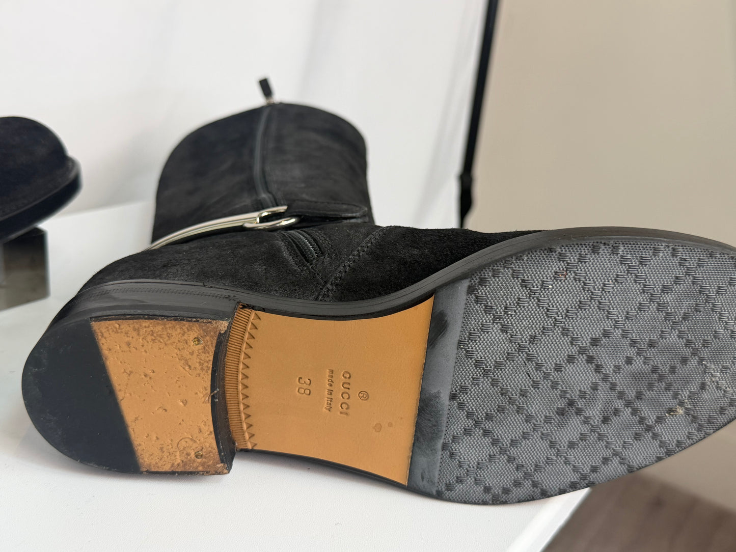 Gucci Black Suede Silver Horsebit Accent Knee-Length Riding Boots