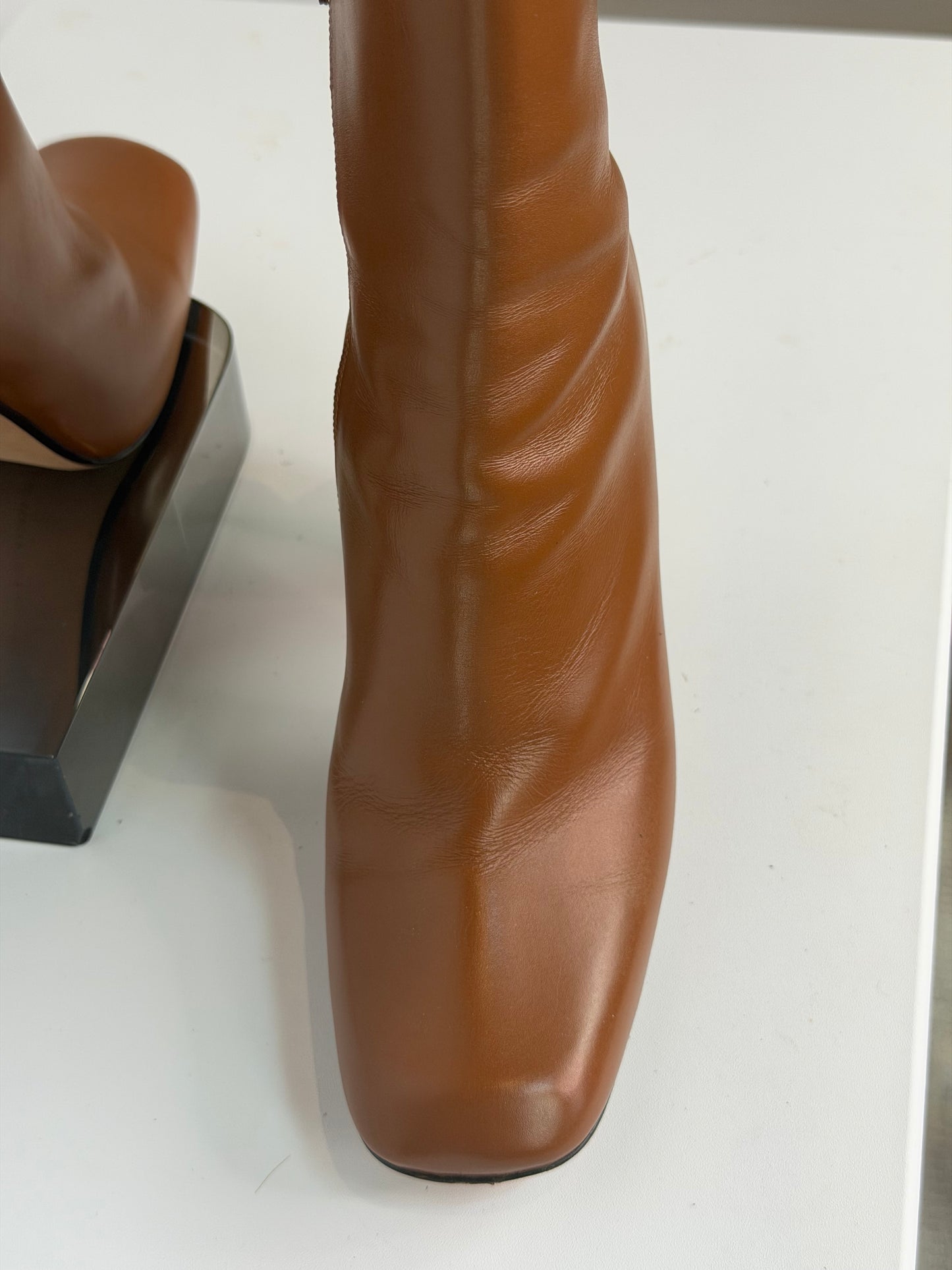 Victoria Beckham Brown Leather Square Toe Mid Calf Triangle Heel Boots