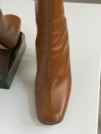 Victoria Beckham Brown Leather Square Toe Mid Calf Triangle Heel Boots