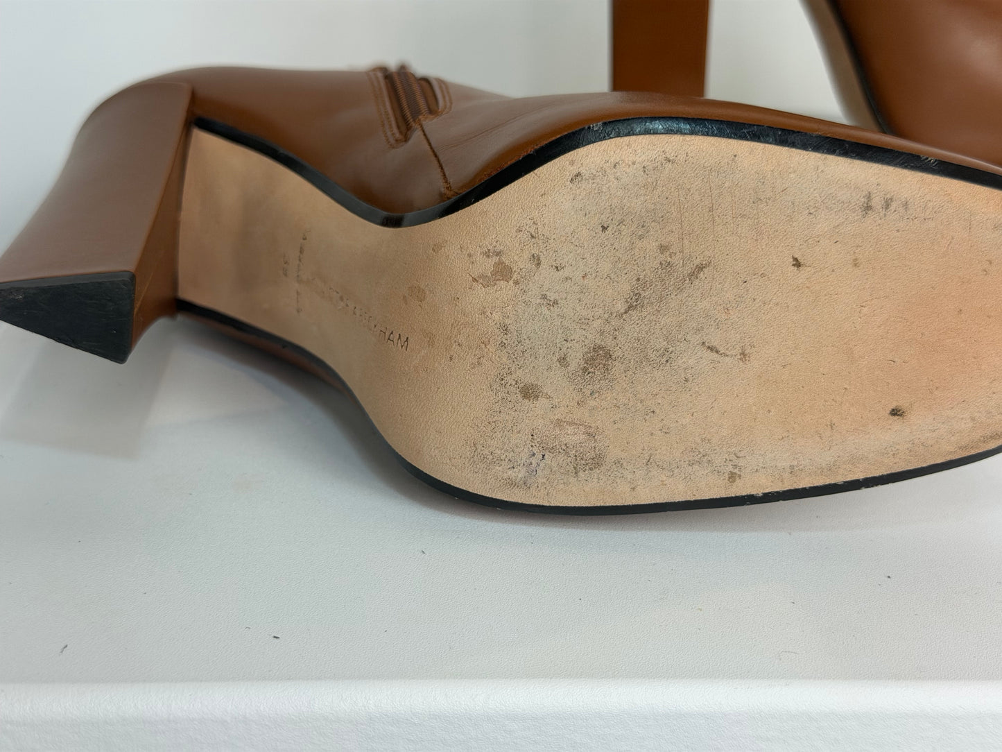 Victoria Beckham Brown Leather Square Toe Mid Calf Triangle Heel Boots