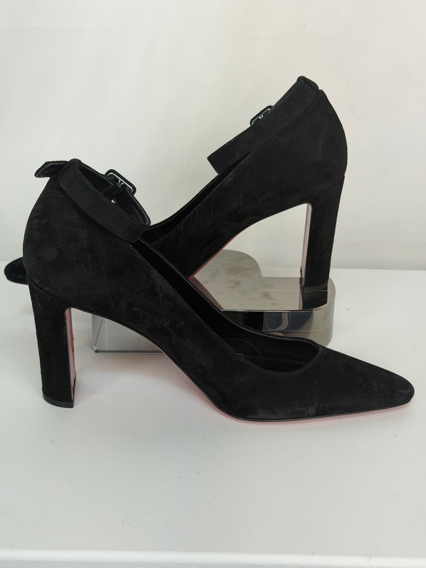 Christian Louboutin Suede Black "So Jane" Block Heel Ankle Buckle Pointed Heels