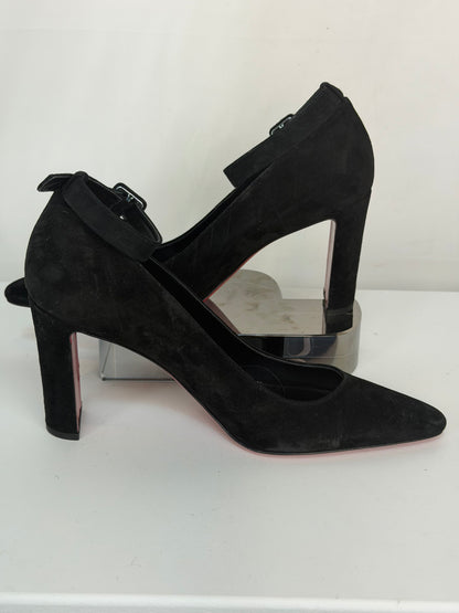Christian Louboutin Suede Black "So Jane" Block Heel Ankle Buckle Pointed Heels