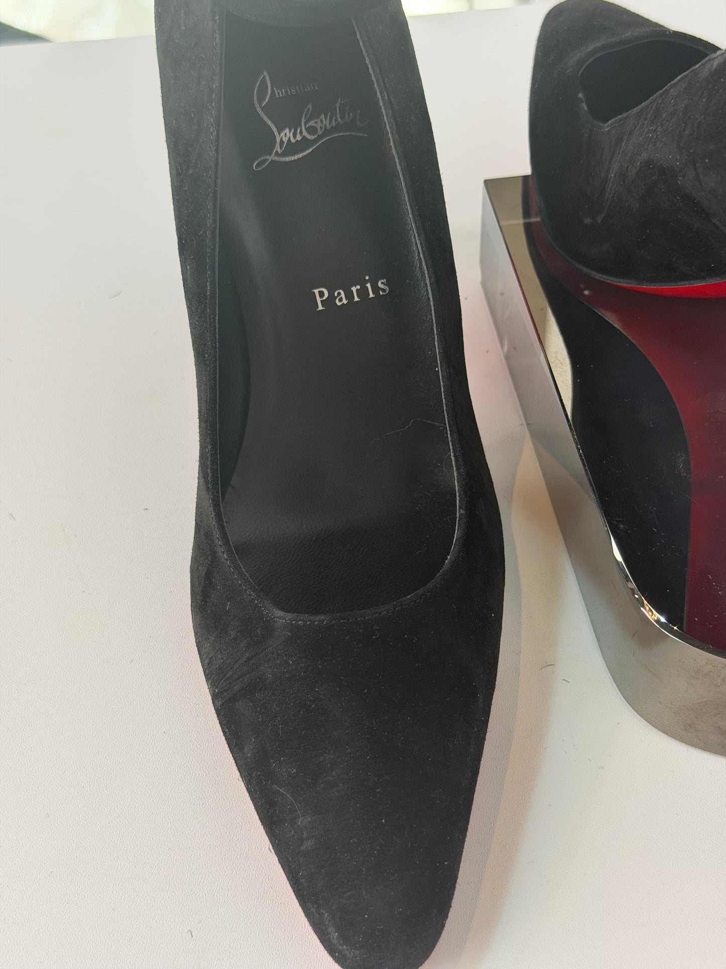 Christian Louboutin Suede Black "So Jane" Block Heel Ankle Buckle Pointed Heels