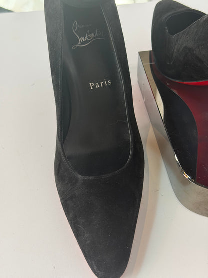 Christian Louboutin Suede Black "So Jane" Block Heel Ankle Buckle Pointed Heels