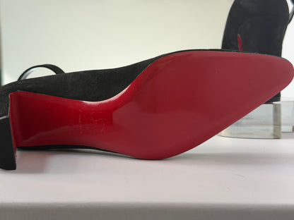 Christian Louboutin Suede Black "So Jane" Block Heel Ankle Buckle Pointed Heels