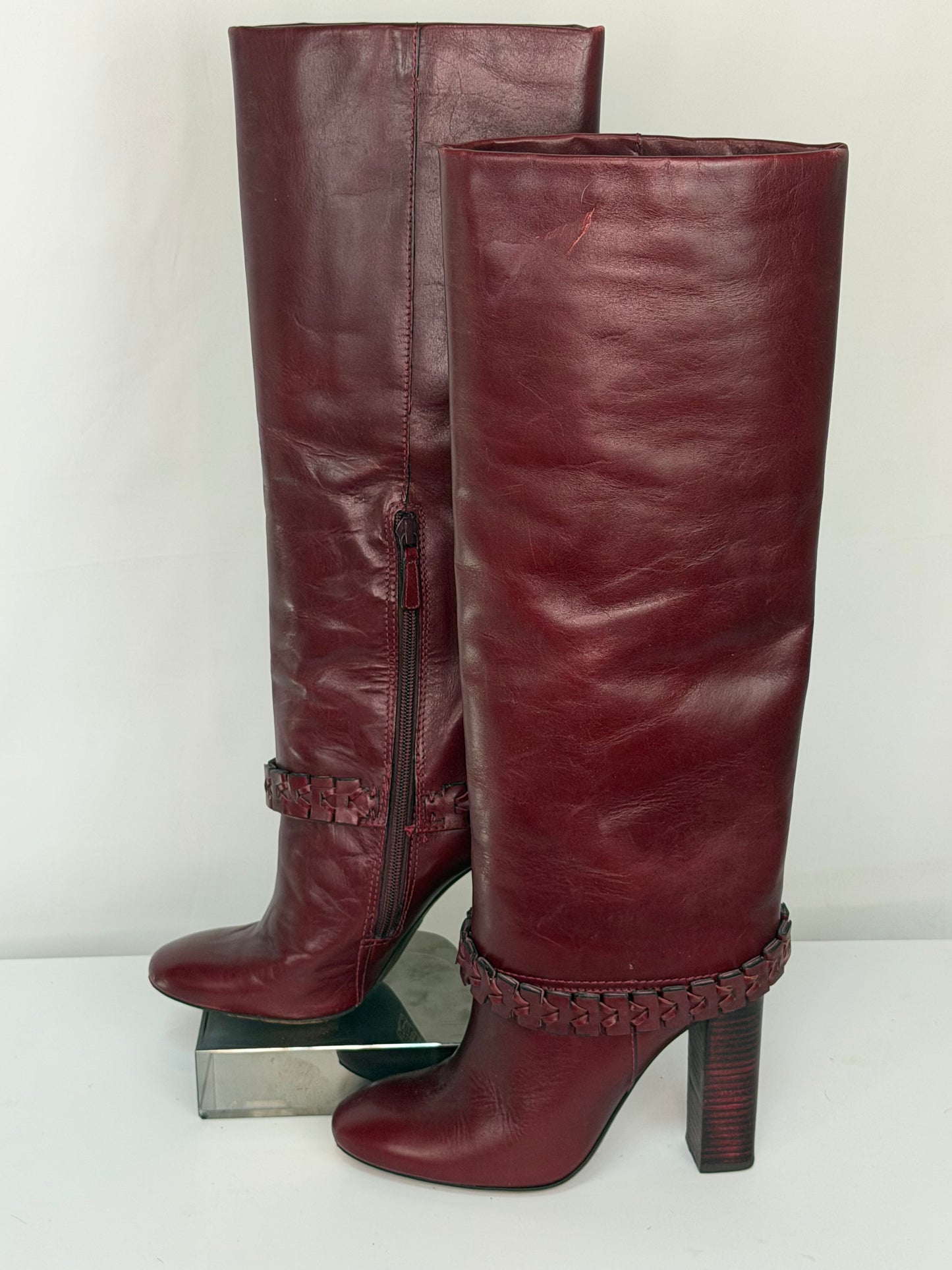 Tory Burch Burgundy Leather Braid Detail Round Tow Knee-High Boots