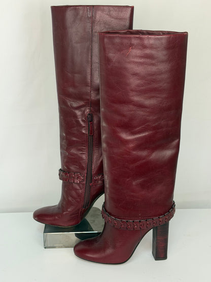 Tory Burch Burgundy Leather Braid Detail Round Tow Knee-High Boots