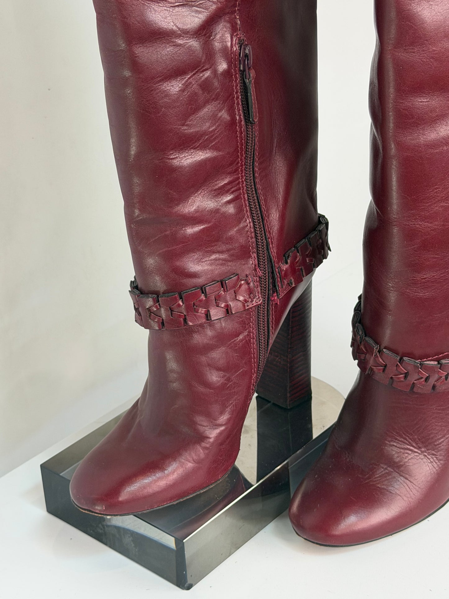 Tory Burch Burgundy Leather Braid Detail Round Tow Knee-High Boots
