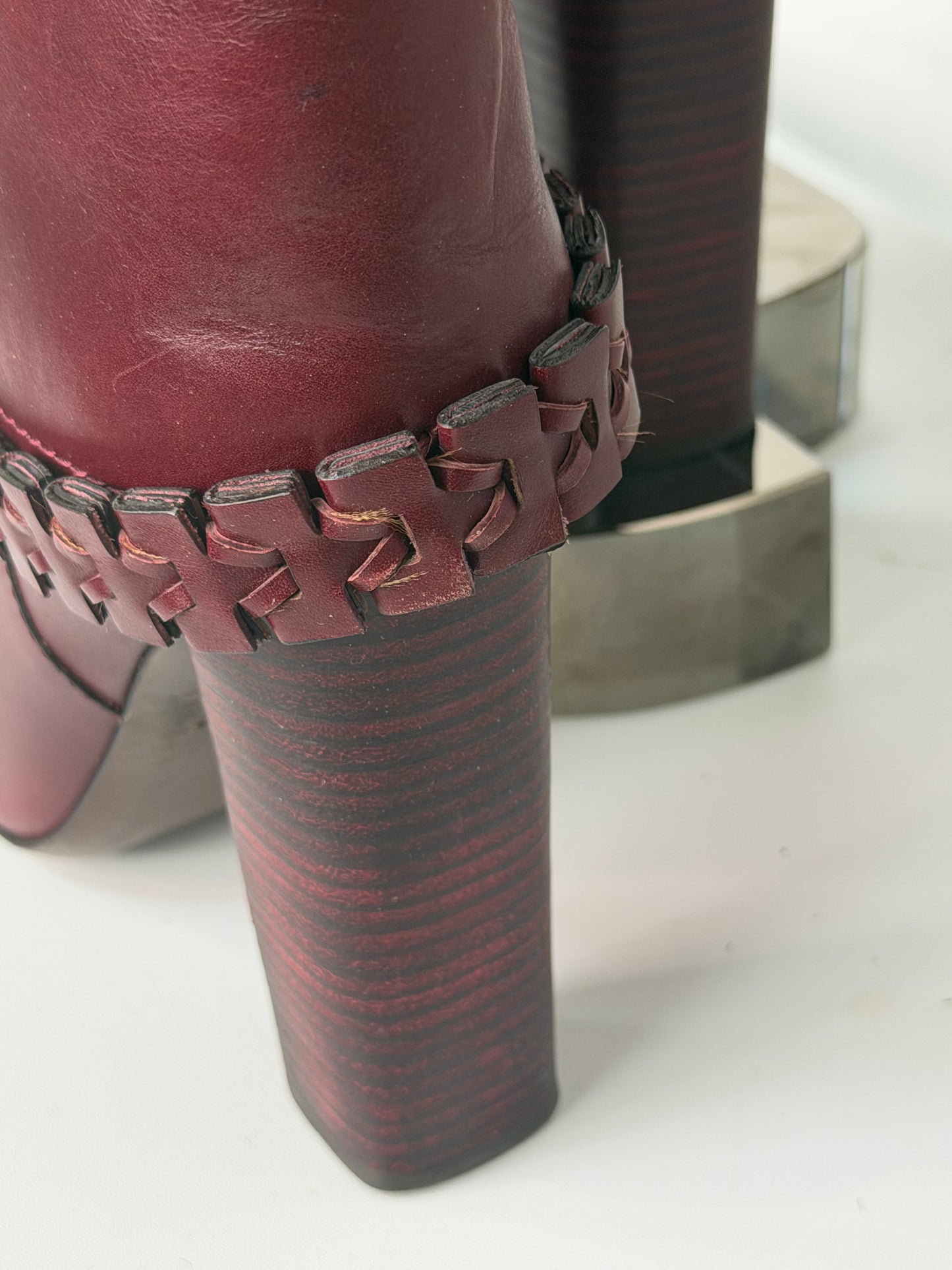 Tory Burch Burgundy Leather Braid Detail Round Tow Knee-High Boots