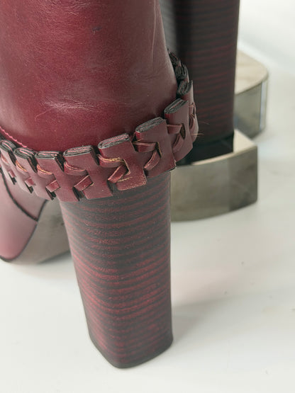 Tory Burch Burgundy Leather Braid Detail Round Tow Knee-High Boots