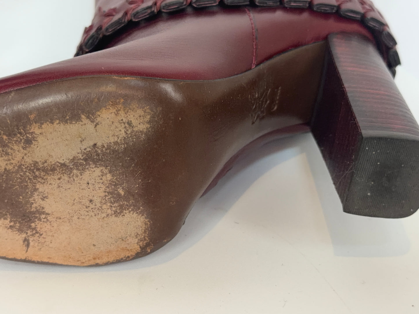 Tory Burch Burgundy Leather Braid Detail Round Tow Knee-High Boots