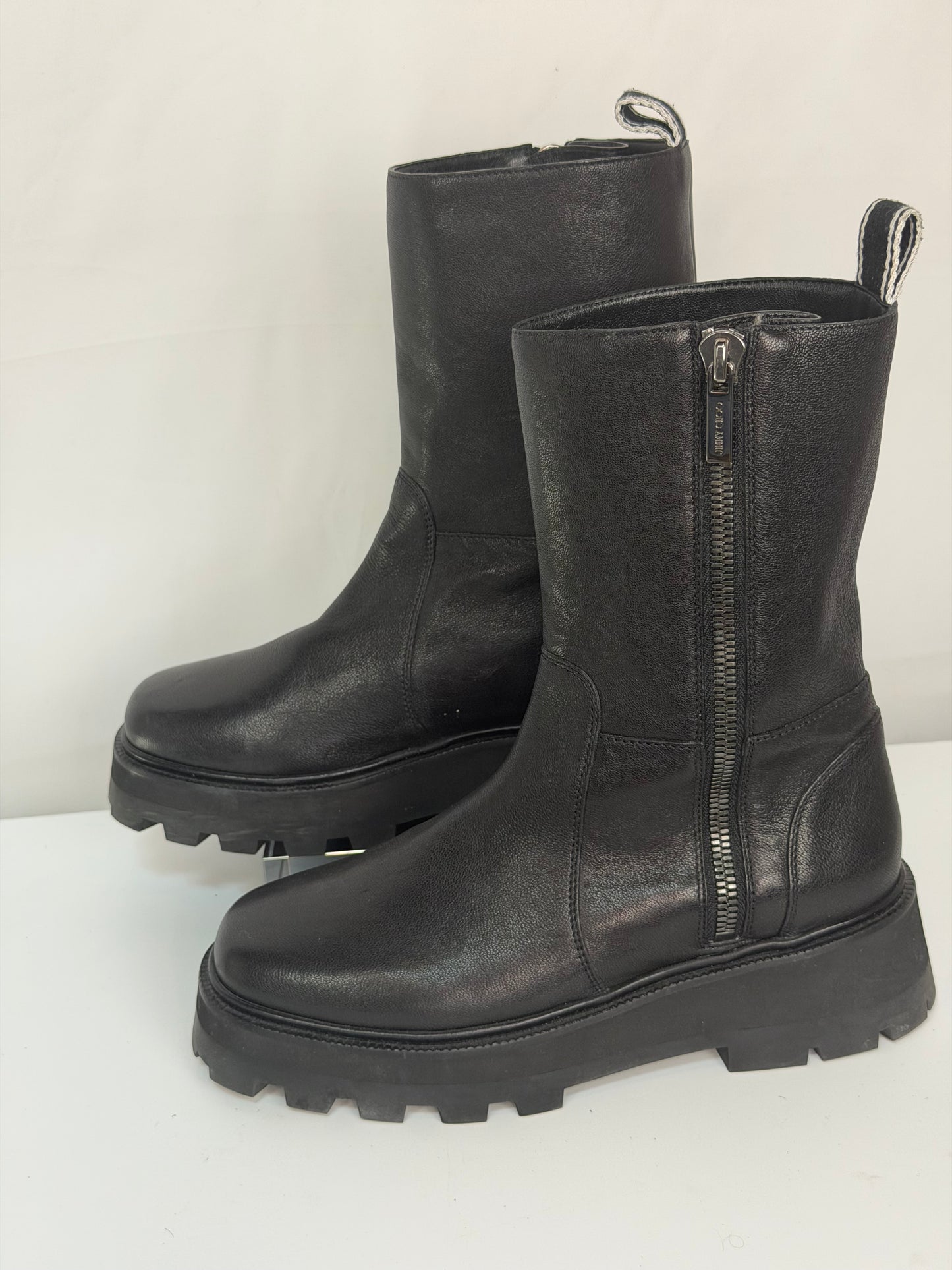Jimmy Choo Black Leather Mid-Calf Combat Boots w Side Zip