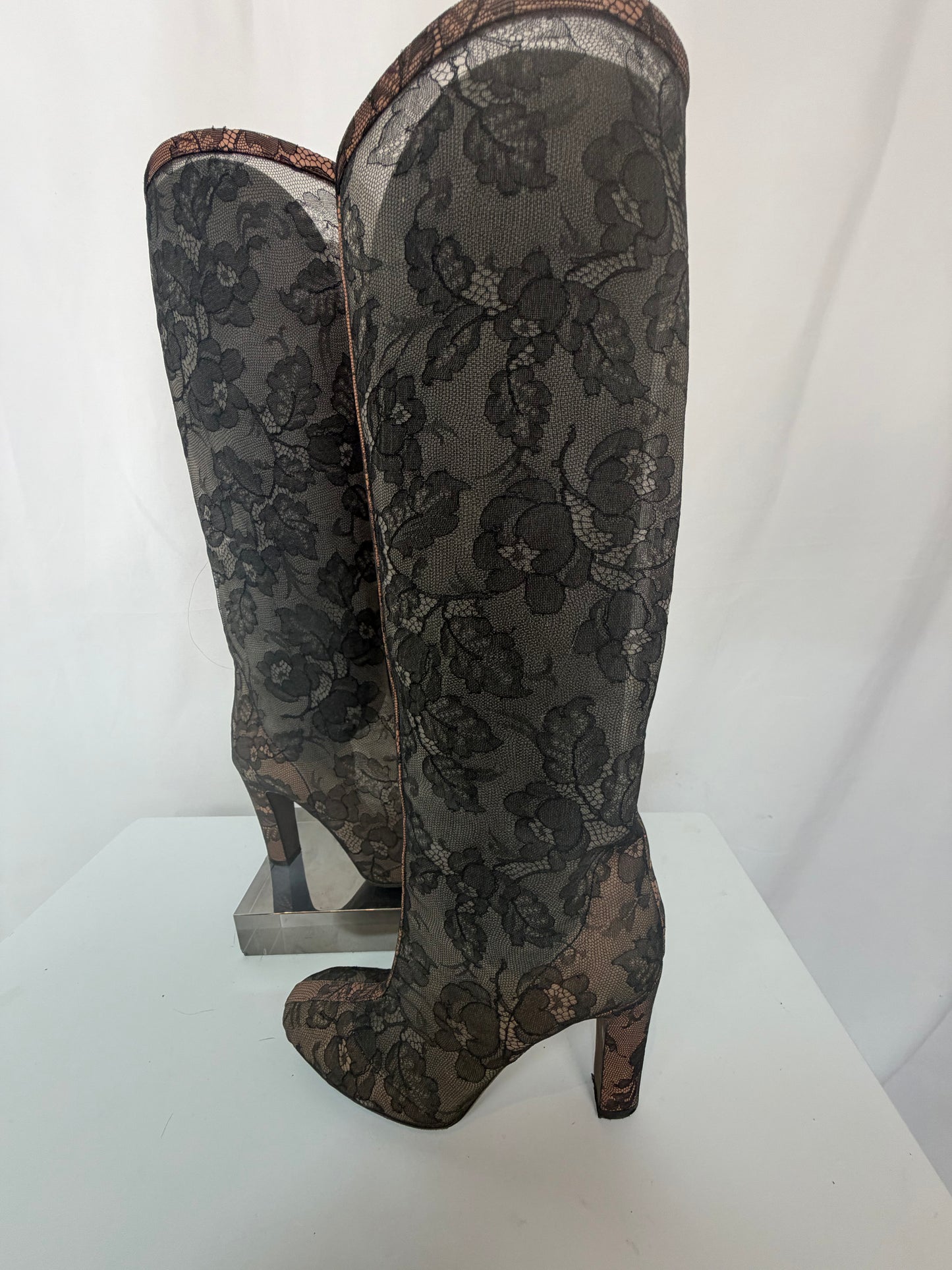 Valentino Mesh Lace Round Toe Heel Knee-High Boots