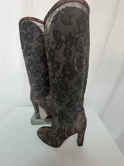 Valentino Mesh Lace Round Toe Heel Knee-High Boots