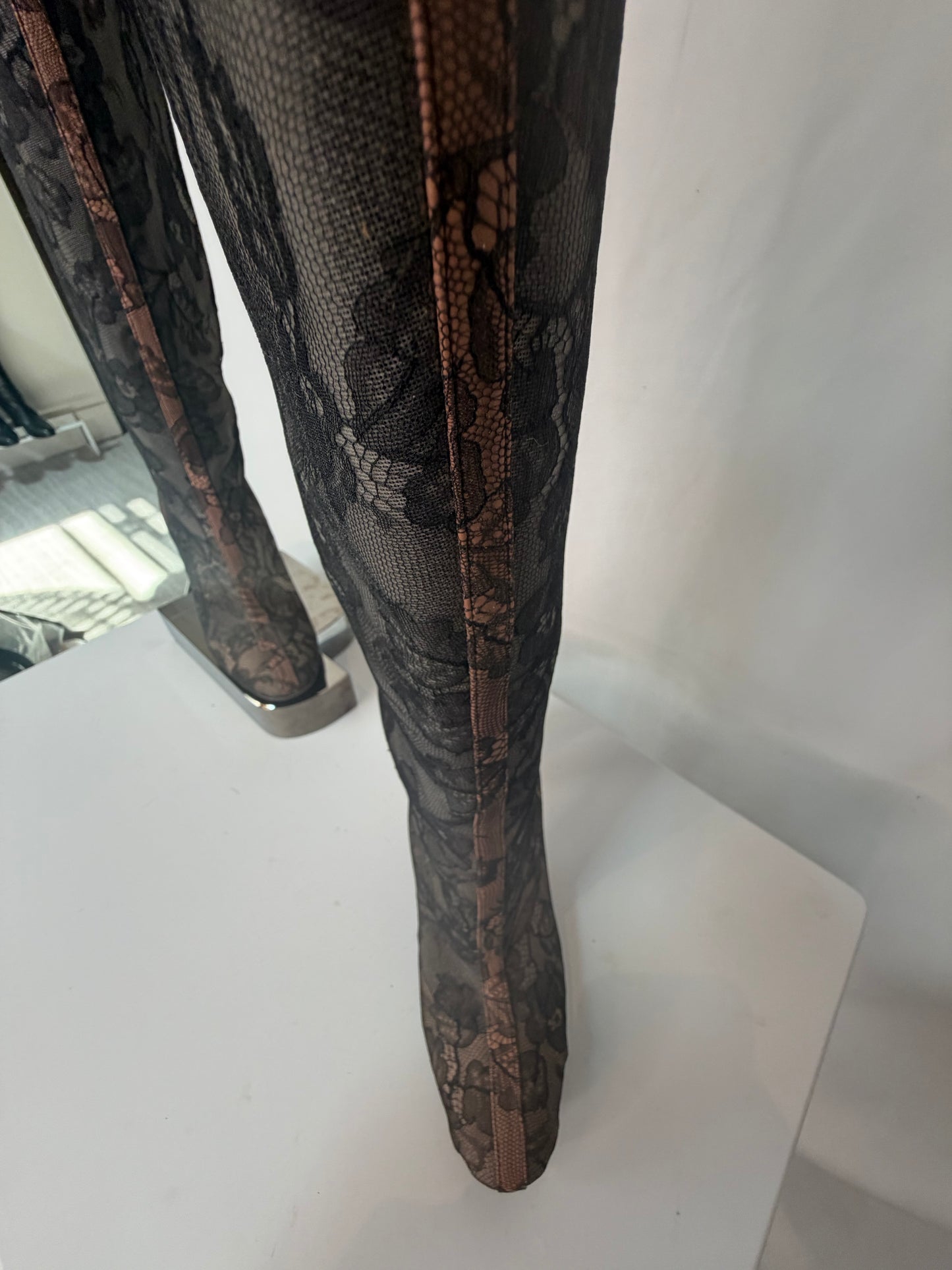 Valentino Mesh Lace Round Toe Heel Knee-High Boots