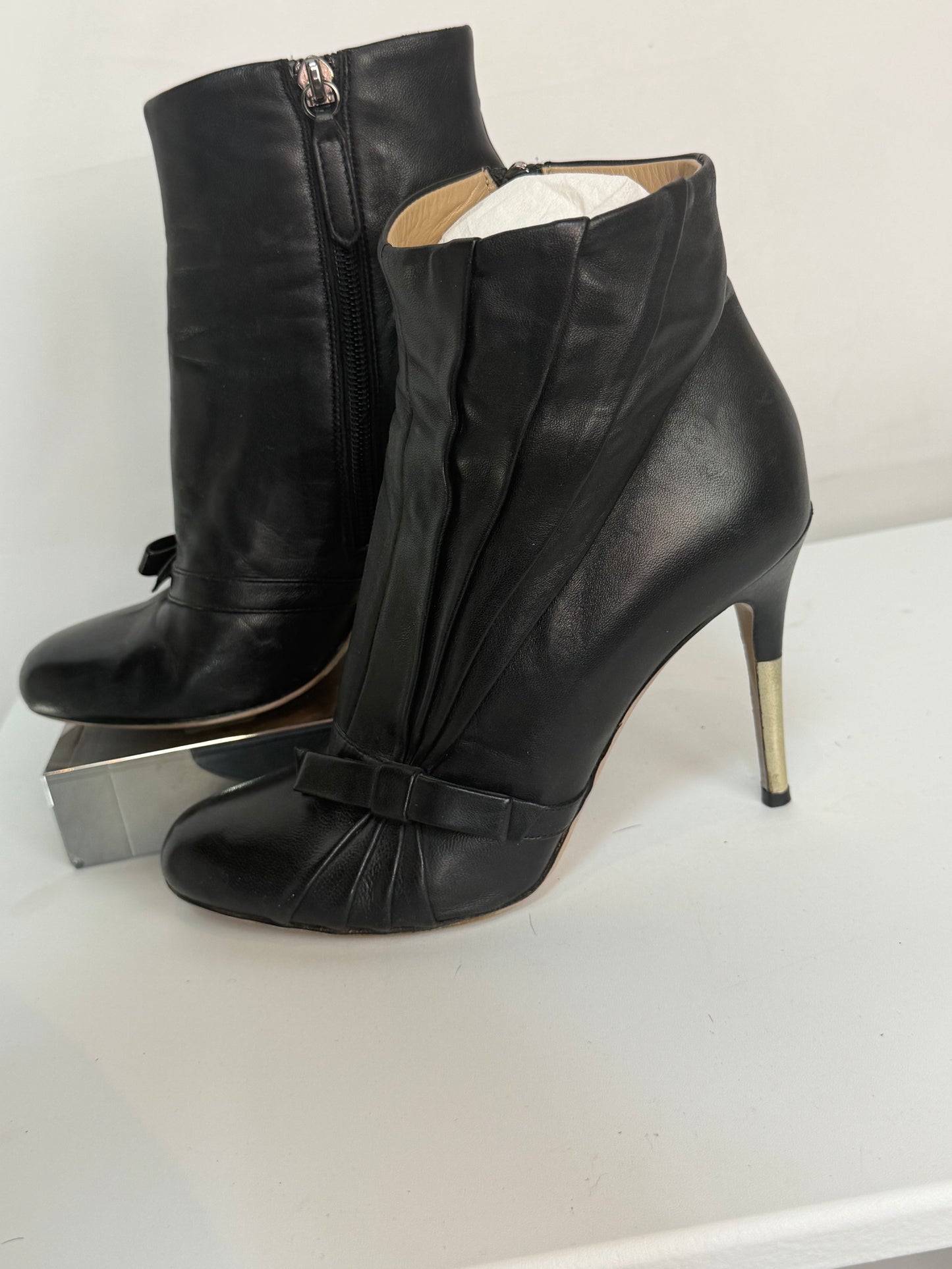 Valentino Leather Black Round Toe Pleat Detail w Bow Heeled Ankle Boots