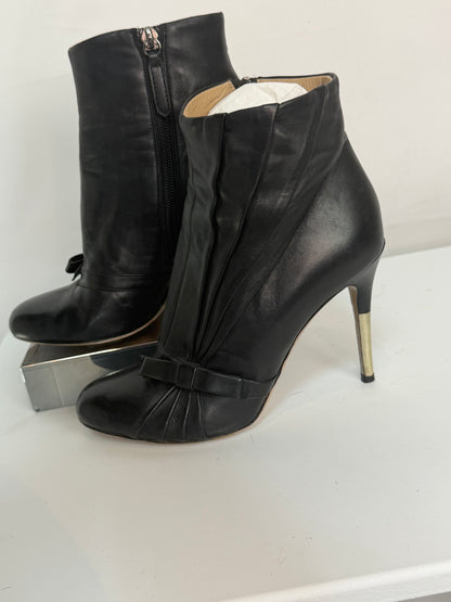 Valentino Leather Black Round Toe Pleat Detail w Bow Heeled Ankle Boots