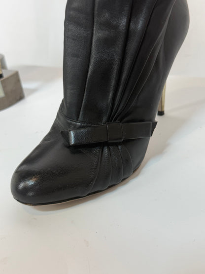 Valentino Leather Black Round Toe Pleat Detail w Bow Heeled Ankle Boots