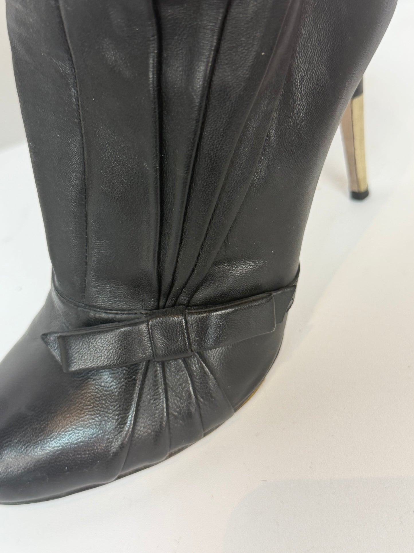 Valentino Leather Black Round Toe Pleat Detail w Bow Heeled Ankle Boots