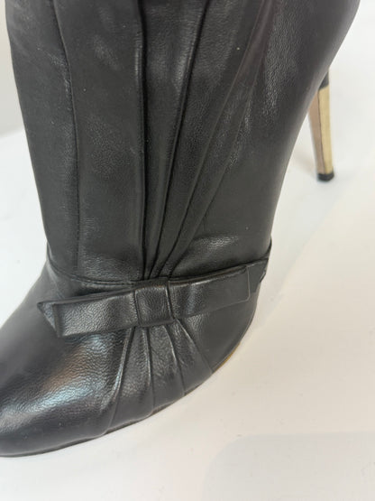 Valentino Leather Black Round Toe Pleat Detail w Bow Heeled Ankle Boots