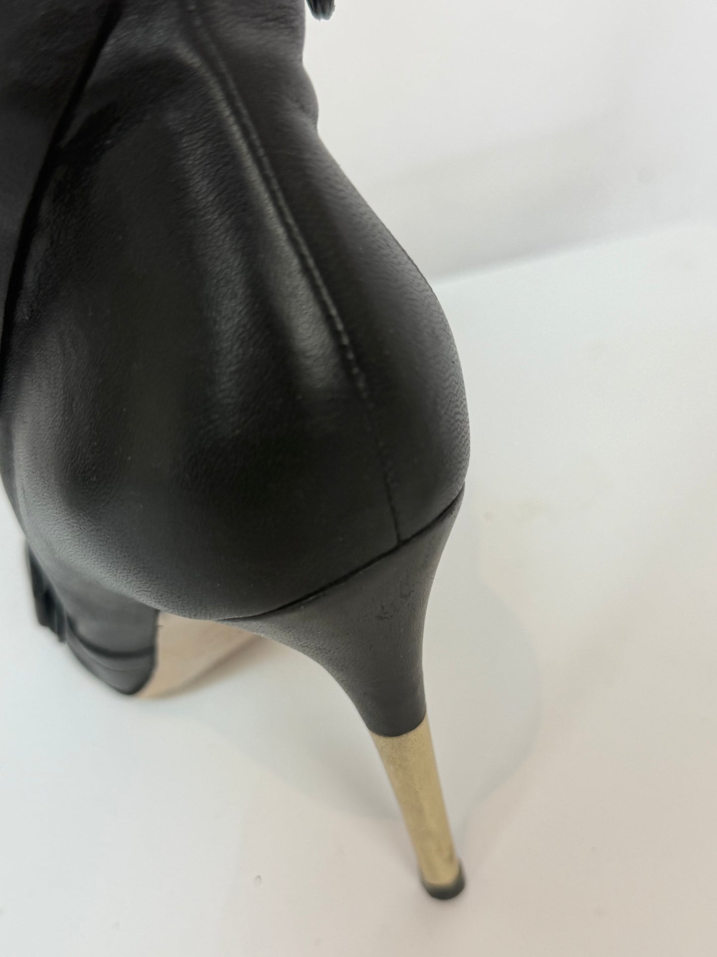 Valentino Leather Black Round Toe Pleat Detail w Bow Heeled Ankle Boots