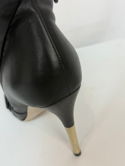 Valentino Leather Black Round Toe Pleat Detail w Bow Heeled Ankle Boots