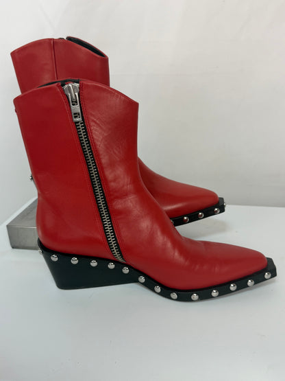 Rag & Bone Leather Firey Red Studded Wedge Pointed Toe Booties