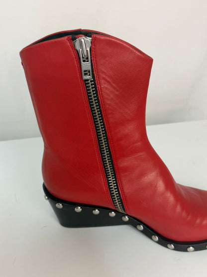 Rag & Bone Leather Firey Red Studded Wedge Pointed Toe Booties