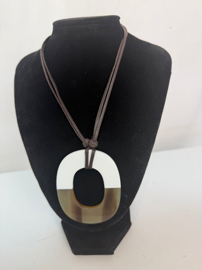 Hermes Buffalo Horn White Lacquer Pendant Necklace w Leather Cord