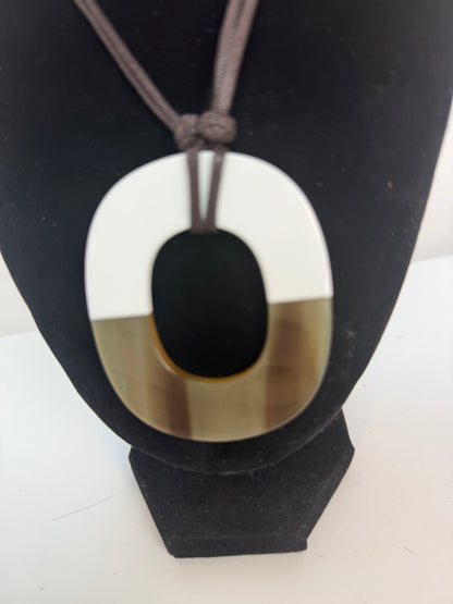 Hermes Buffalo Horn White Lacquer Pendant Necklace w Leather Cord