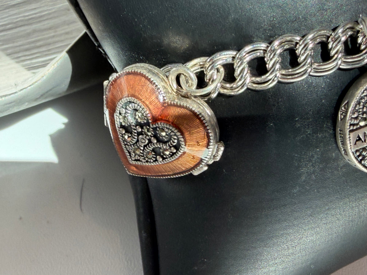 Judith Jack Sterling Silver Heart Locket "Anniversary" Charm Bracelet