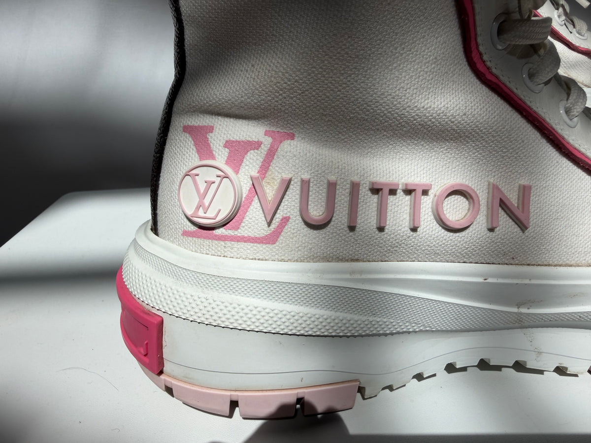 Louis Vuitton White Pink Monogram Brand High-Top  "Squad Sneaker"