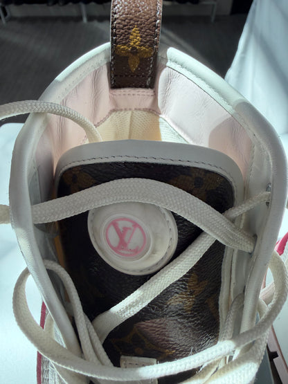 Louis Vuitton White Pink Monogram Brand High-Top  "Squad Sneaker"