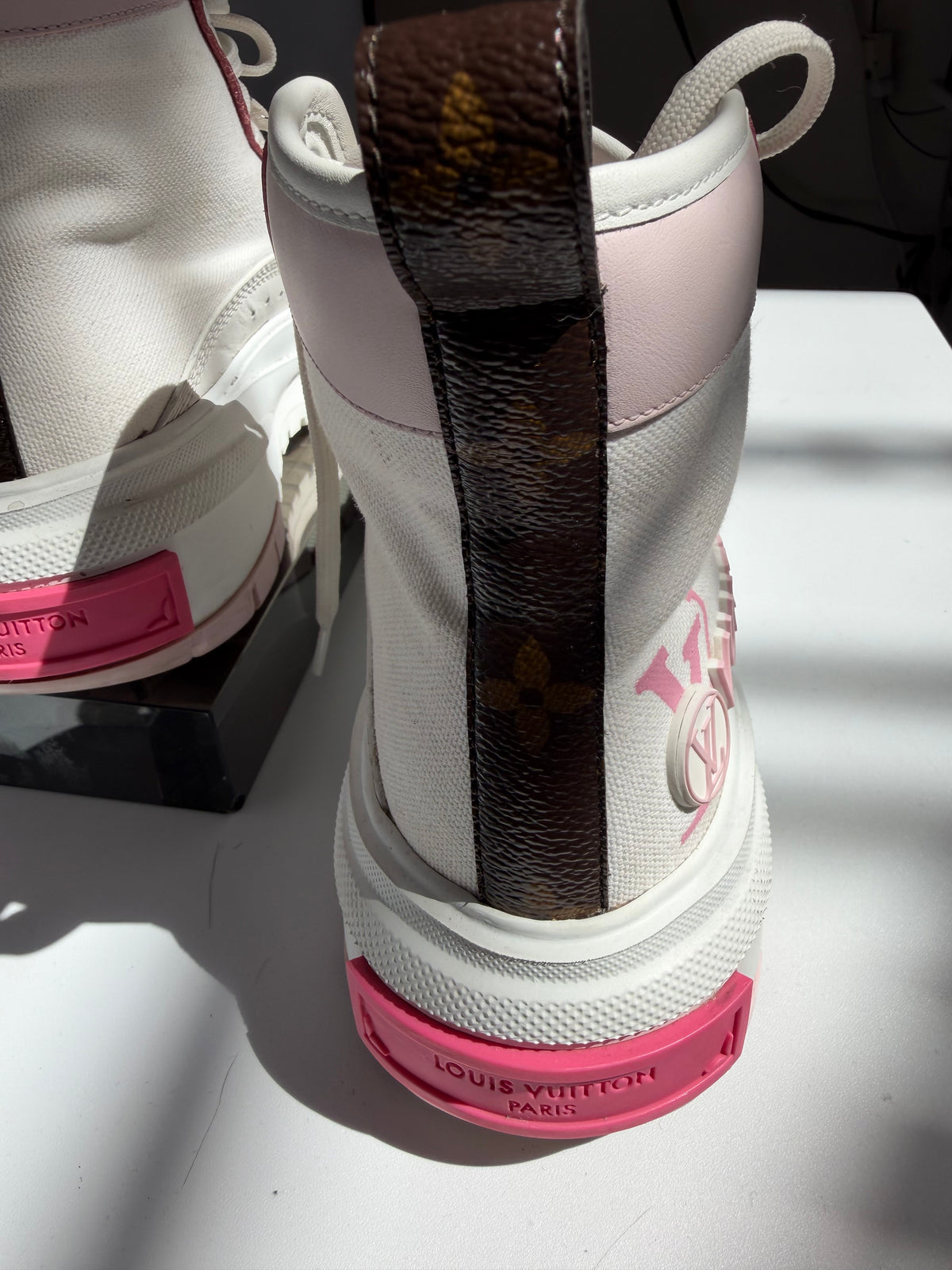 Louis Vuitton White Pink Monogram Brand High-Top  "Squad Sneaker"