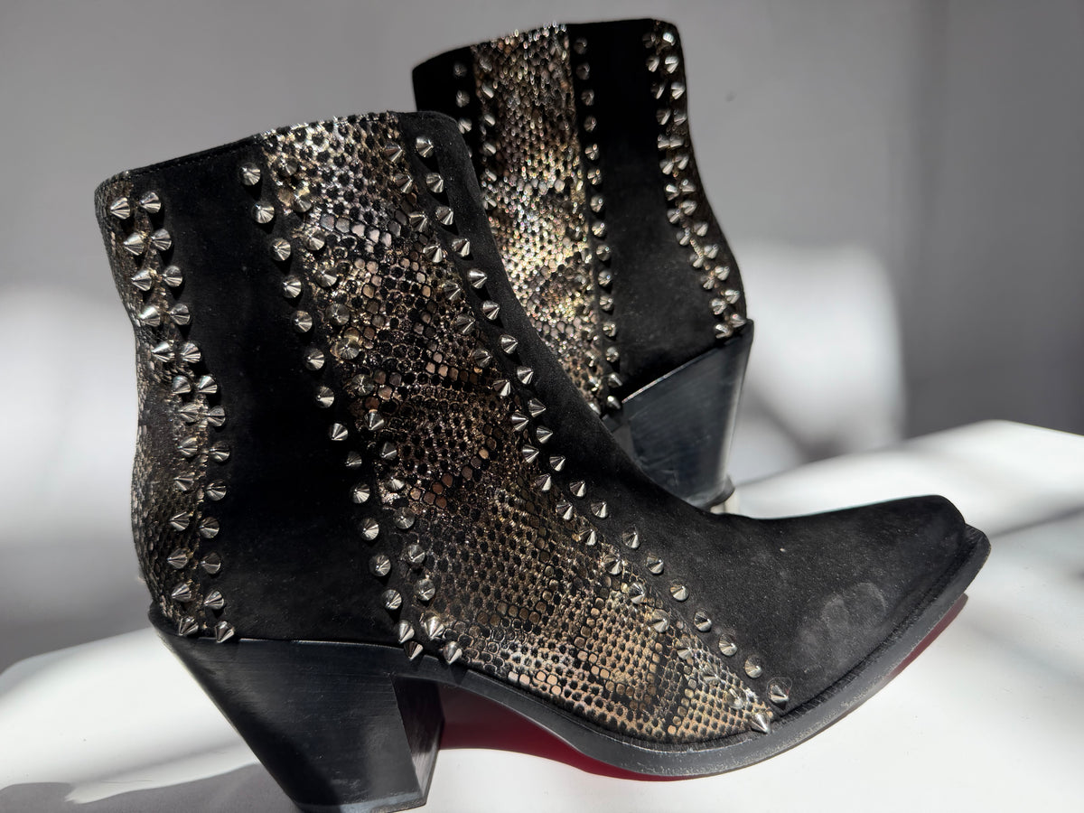 Christian Louboutin "My Guitar Donna 65" Black Suede Silver Stud Point Toe Booties