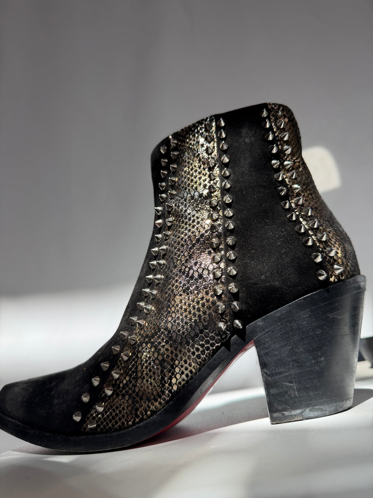 Christian Louboutin "My Guitar Donna 65" Black Suede Silver Stud Point Toe Booties