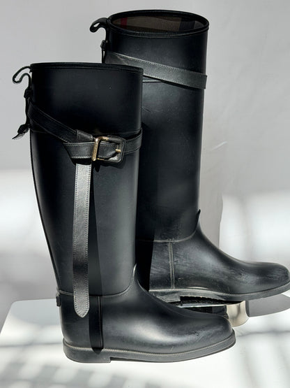 Burberry Black Rubber Belted Equestrian Knee-High Rain Boots w Check Interior