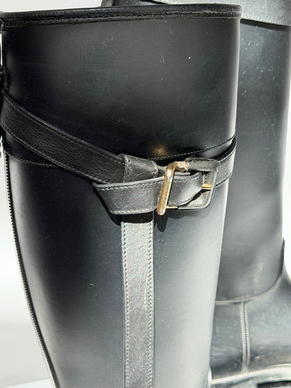 Burberry Black Rubber Belted Equestrian Knee-High Rain Boots w Check Interior