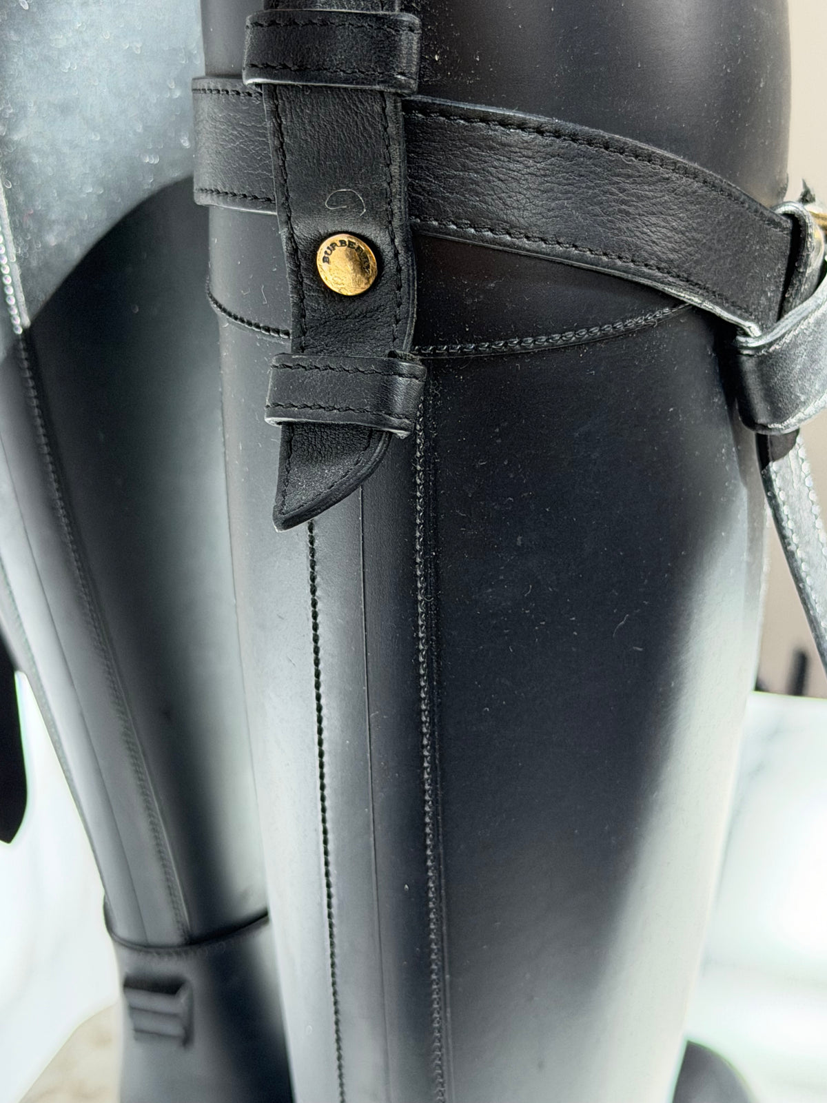 Burberry Black Rubber Belted Equestrian Knee-High Rain Boots w Check Interior